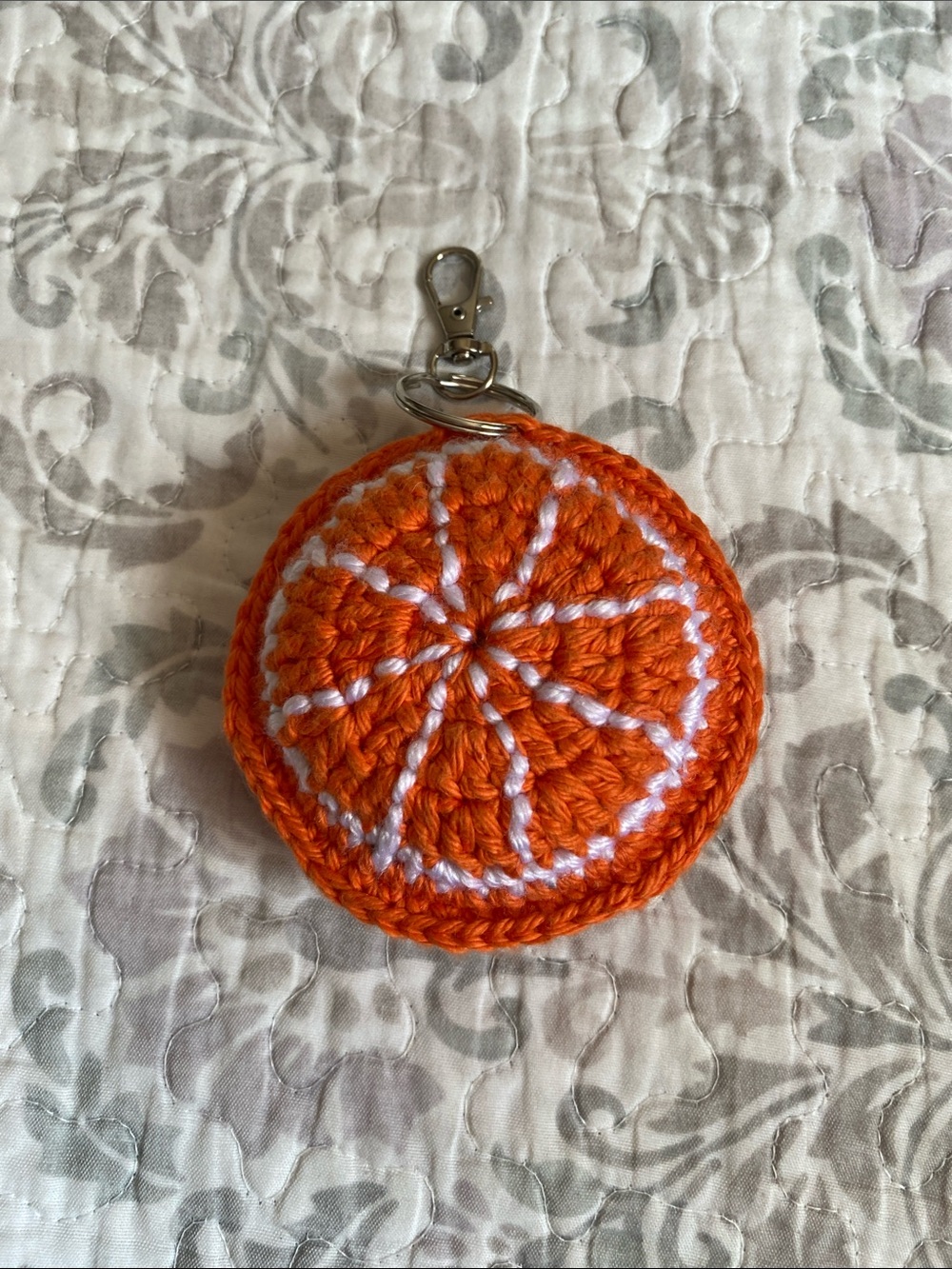 Handmade Orange Crochet Keychain with White Stitching